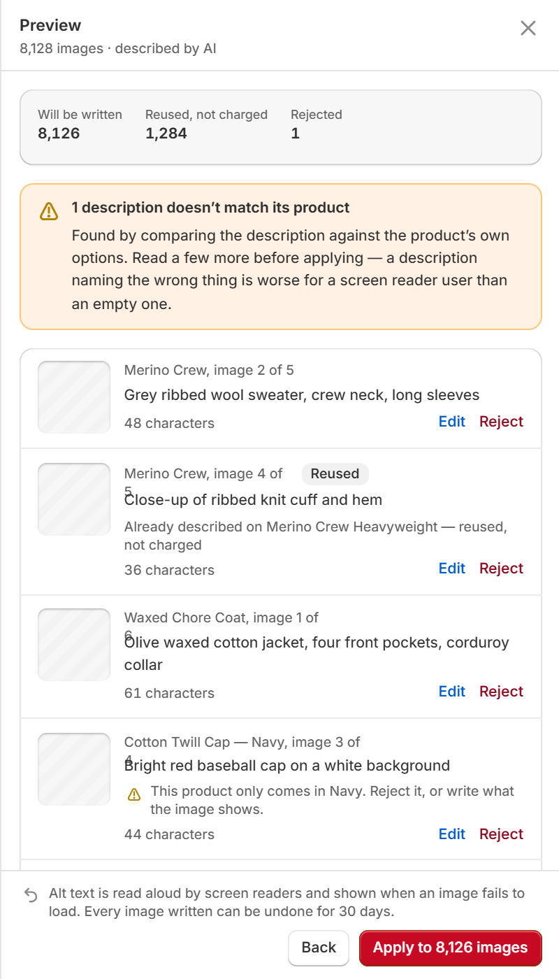 The alt text preview: each product image beside its generated description and character count, with one description flagged as not matching the product