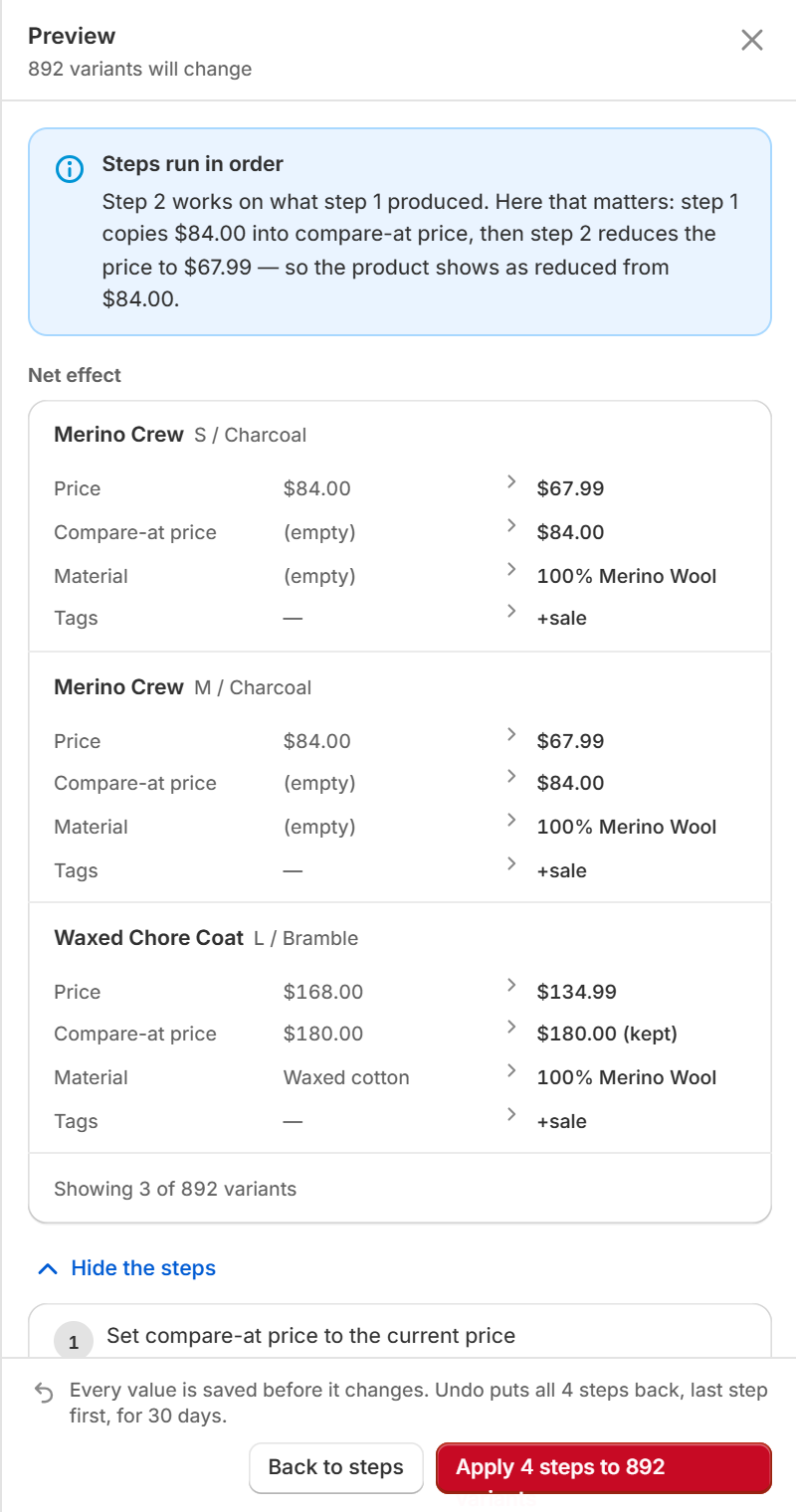 A chain preview: the net effect on each variant across price, compare-at price, material and tags, with the per-step breakdown beneath