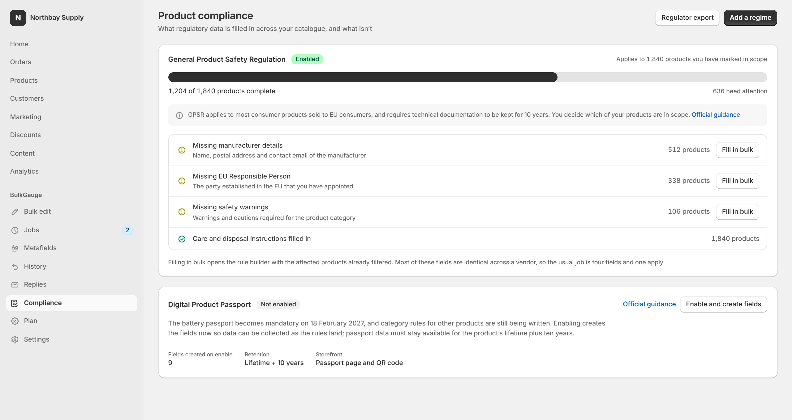 The product compliance dashboard: 1,204 of 1,840 products complete for GPSR, with counts of what is missing per field and a Fill in bulk action on each