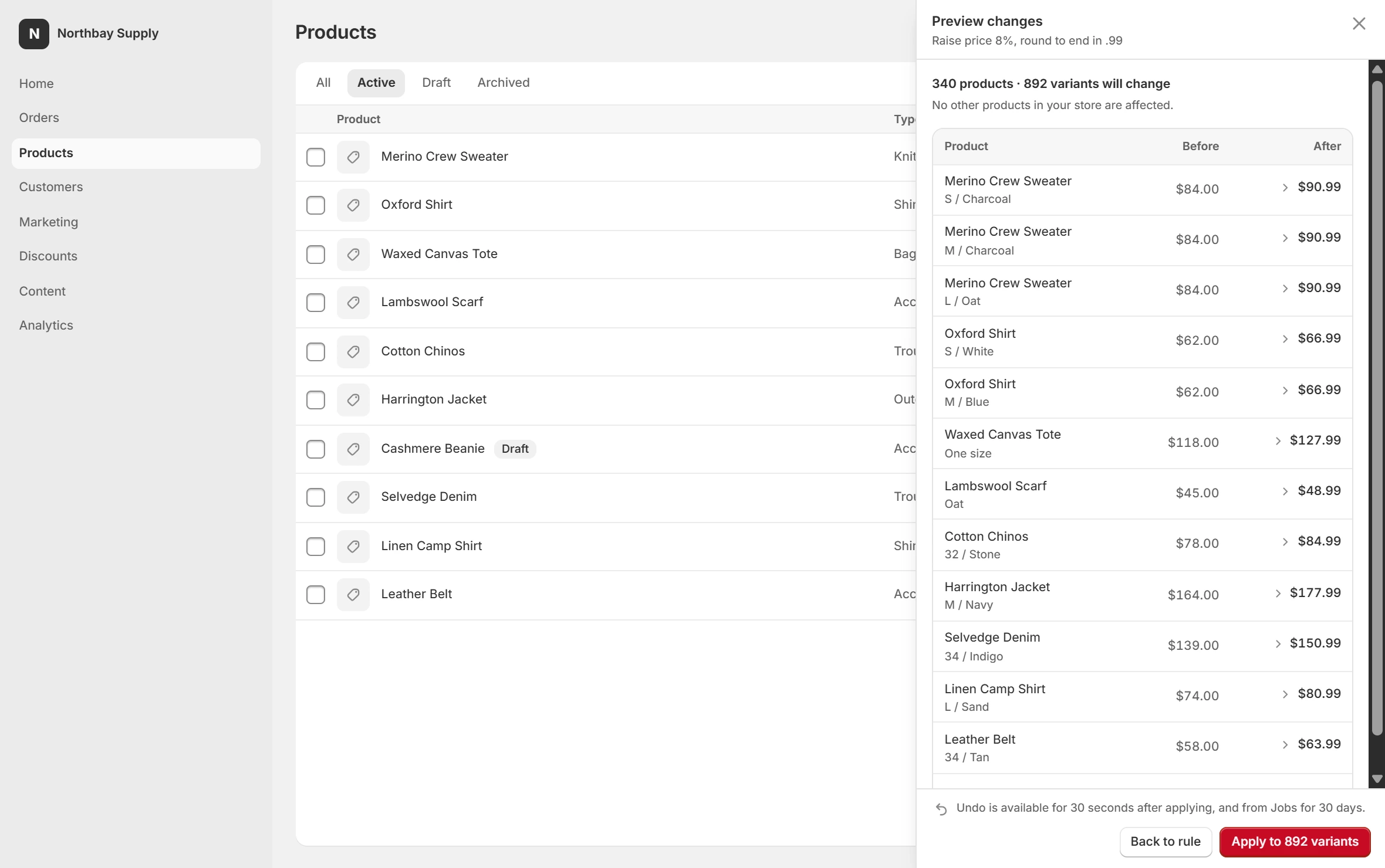 The preview before applying: every variant listed with its current value beside the value the rule would write