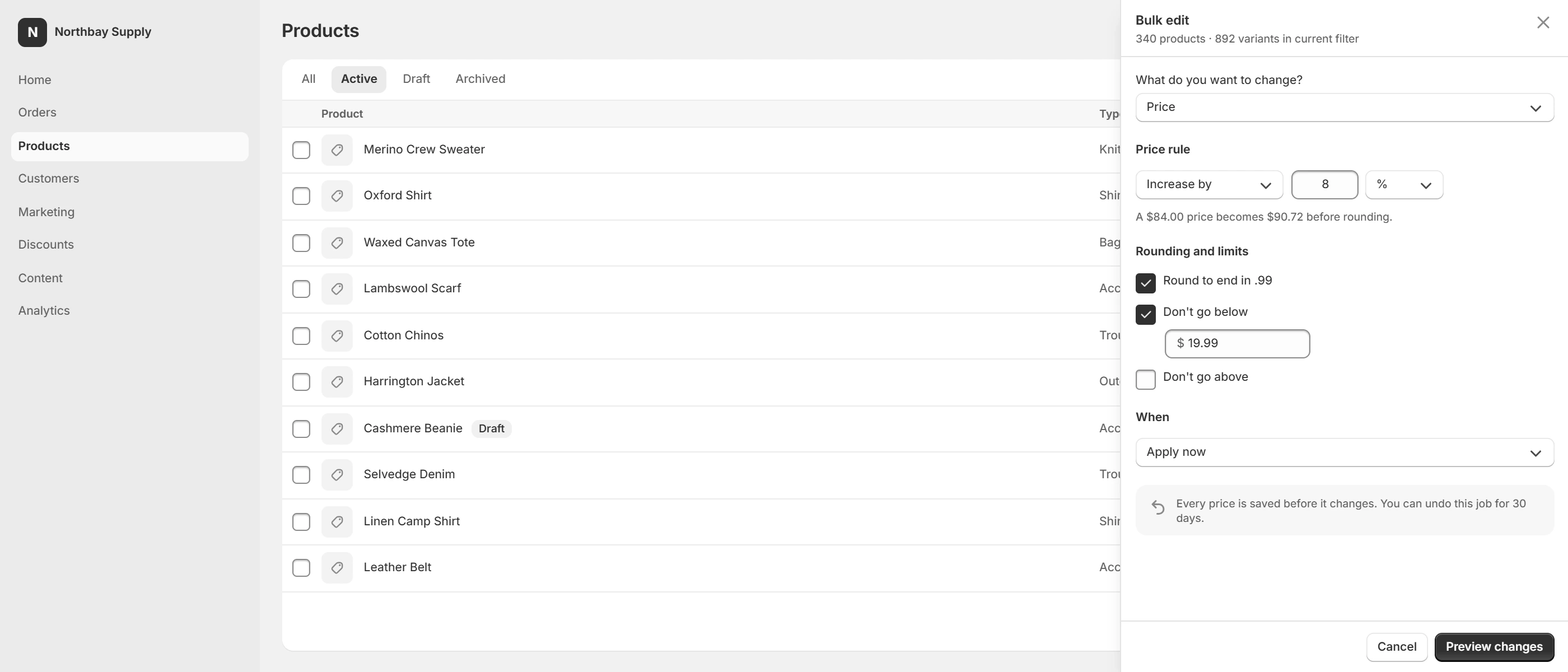 The BulkGauge rule builder open as a slide-over beside a filtered product list in the Shopify admin, showing 340 products and 892 variants in scope