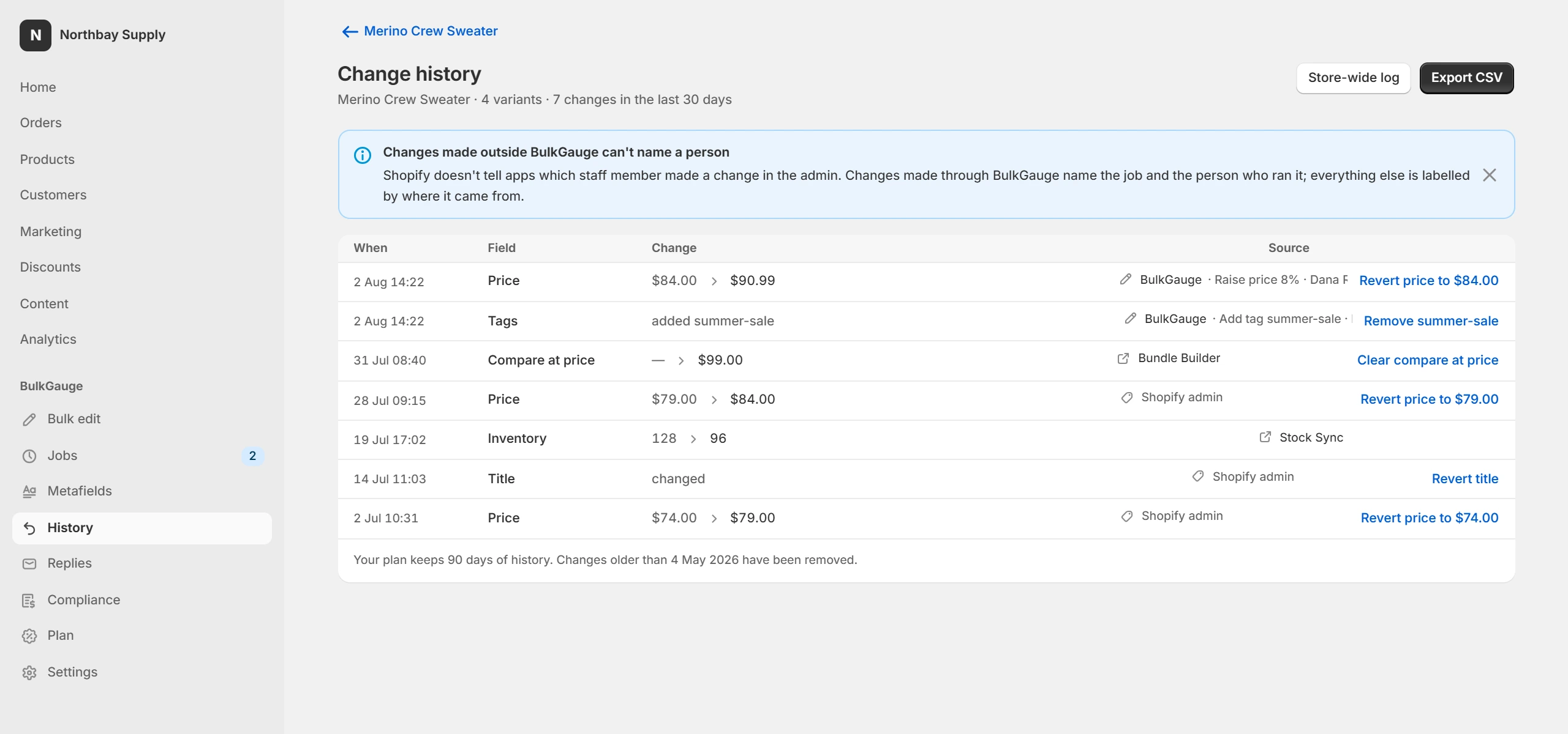 A single product’s price history, each change dated and attributed to the job or app that made it