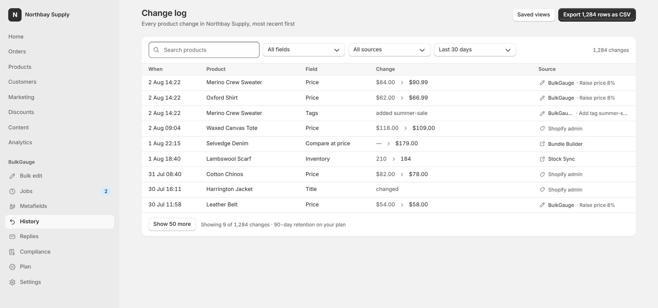 The store-wide change log: every product change with its timestamp, field, before and after values, and whether BulkGauge, the Shopify admin or another app made it