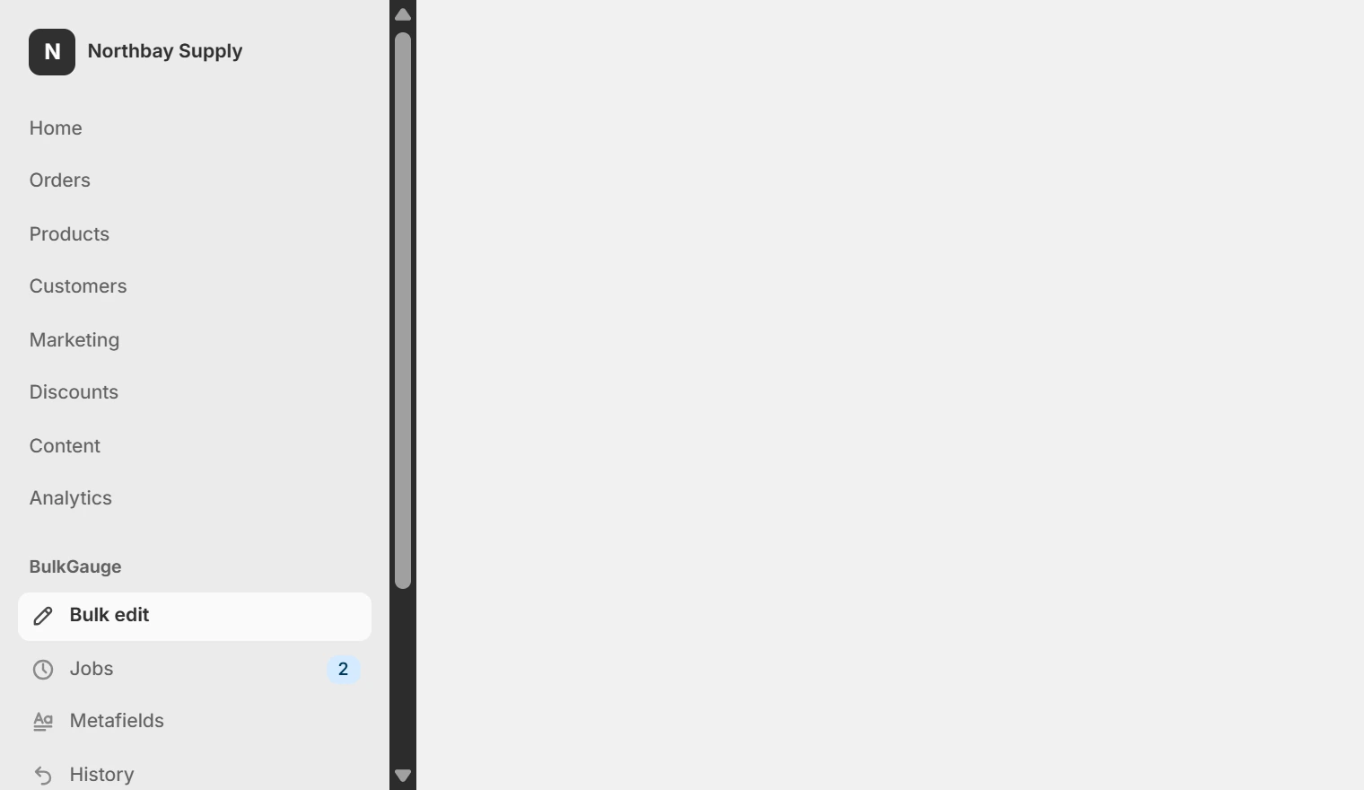 BulkGauge appears as its own group in the Shopify admin sidebar, below the store’s own sections, with Bulk edit selected