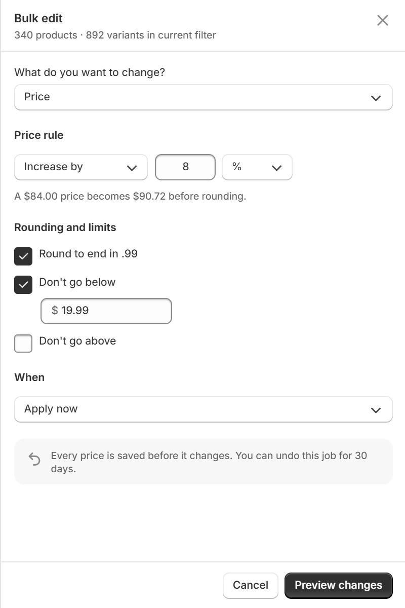 The bulk edit rule stack: increase by 8 percent, rounded to end in .99, with a floor of $19.99 so no variant can be discounted below it