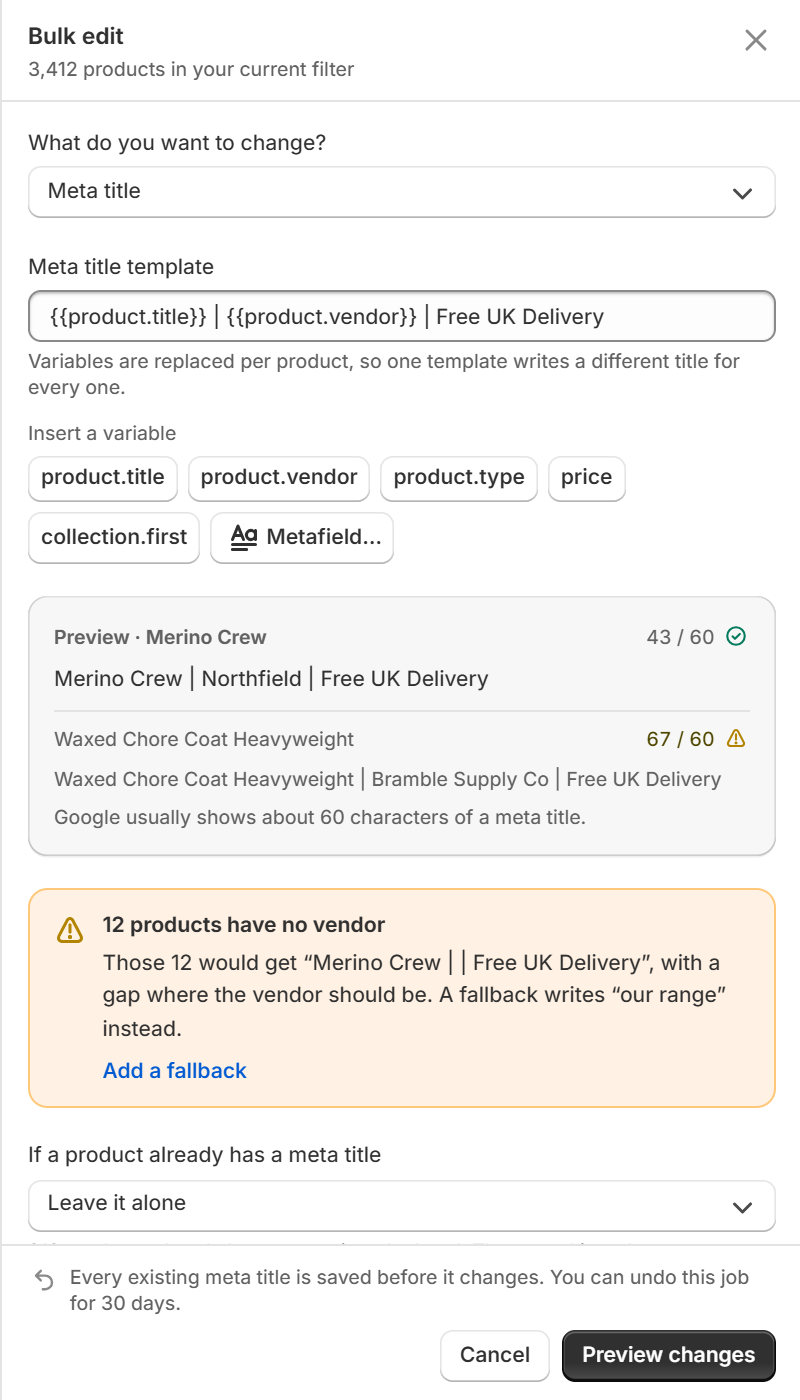 The SEO template rule with variable insert buttons and a live preview showing the resolved meta title and its character count
